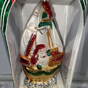 Vintage Santa's Best Blown Glass Christmas Ornament Nautical Santa boat 6.5" BOX
